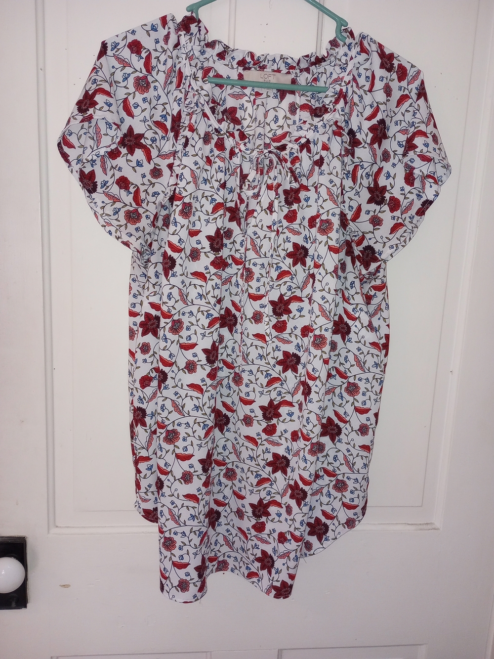 LOFT White Peasant Blouse with Red Floral & Blue Accent Print